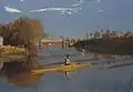 Max Schmitt in a Single Scull (1871) by Thomas Eakins. The first Girard Avenue Bridge is visible in the background, beyond the Pennsylvania Railroad, Connecting Railway Bridge.