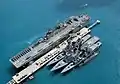 JS Hamagiri, USS Essex, JS Myōkō, JS Shimakaze and JS Natsushio at Okinawa on 28 February 2003.
