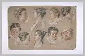 Studies of Women's Heads and a Man's Head; by Antoine Watteau; first half of the 18th century; sanguine, black chalk and white chalk on gray paper; 28 × 38.1&nbsp;cm