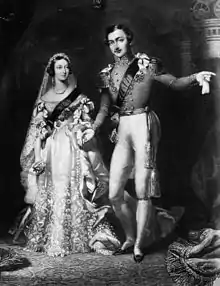 Image 62Queen Victoria in her white wedding dress with Prince Albert on their return from the marriage service at St James's Palace, London, 10 February 1840 (from Culture of the United Kingdom)