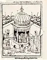 Woodcut of a Sikh family visiting Gurdwara Baba Atal, Amritsar (circa 1870)