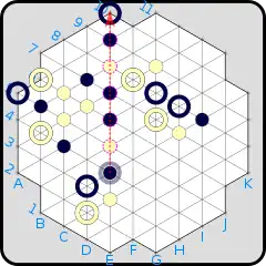(B) Black has decided on the move &nbsp;(B)E4→E10&nbsp;, which results in the placement of a black marker at E4 and the reversal of the colors of the five markers from E5–E9.