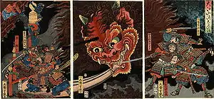 Minamoto no Yorimitsu attempting to exterminate the detached head of Shuten-dōji at Mount Ōe. Triptych.