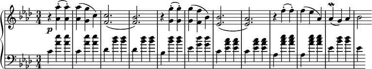 \relative c' {
\new PianoStaff <<
\new Staff { \key f \minor \time 3/4
\tempo \markup {
\column {
}
}
r <aes' aes'>-.( <aes aes'>-.) <aes aes'>( <g g'> c) <c f,>2.( <bes f>) r4 <g g'>4-.( <g g'>-.) <g g'>( <f f'> bes) <bes ees,>2.( <aes ees>) r4 f'4-.( f-.) f ( ees aes,) aes\mordent( g) aes bes2
}
\new Dynamics {
s\p
}
\new Staff { \key f \minor \time 3/4 \clef bass
c, 4 <aes' ees'> <aes ees'> c, <aes' ees'> <aes ees'> des, <bes' des> <bes des> des, <bes' des> <bes des> bes, <bes' des> <bes des> ees, <g des'> <g des'> c, <ees c' aes> <ees c' aes> c <ees c' aes> <ees c' aes> aes, <aes' ees' c> <aes ees' c> aes, <aes' ees' c> <aes ees' c> ees <bes' des> <bes des> ees,
}
>>
}
