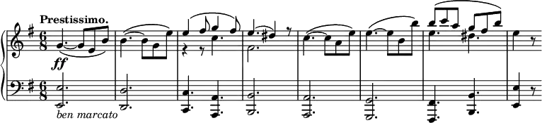 \version "2.14.1"
\relative c {
\new PianoStaff <<
\new Staff {
\set Score.tempoHideNote = ##t
\tempo "Prestissimo." 4=215
\key g \major
\time 6/8
g''4.\ff~\( g8 e b'\)
b4.~\( b8 g e'\)
<<
{ e4\( fis8 g4 fis8\)
e4.( dis4) r8 }
\\
{ r4 r8 c4.
fis,2. }
>>
c'4.~\( c8 a e'\)
e4.~\( e8 b b'\)
<<
{ b\( c a g fis b\) }
\\
{ e,4. dis }
>>
e4 r8
}
\new Staff {
\key g \major
\clef bass
<e,,, e'>2._\markup{\italic "ben marcato"}
<d d'>
<c c'>4. <a a'>
<b b'>2.
<a a'>
<g g'>
<fis fis'>4. <b b'>
<e e'>4 r8
}
>>
}