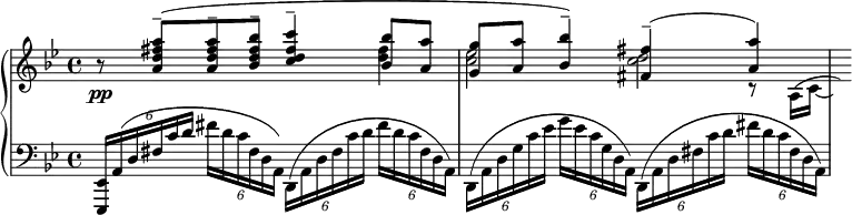 {
\new PianoStaff
<<
\new Staff
{
\set Score.currentBarNumber = #35
\clef treble
\time 4/4
\key g\minor
<<
{
b'8\rest <a'' fis'' d'' a'>-- ( <a'' fis'' d'' a'>-- <bes'' fis'' d'' bes'>-- <c''' fis'' d'' c''>4-- <bes'' bes'>8 <a'' a'> |
<g'' g'> <a'' a'> <bes'' bes'>4-- ) <fis'' fis'>-- ( <a'' a'> )
}
\\
{
s2 s4 <fis'' d''> |
<ees'' c''>2 <d'' c''>
}
\\
{}
\\
{
\slurUp
s1 | s2. r8 a16 ( c'~ | \hideNotes c' )
}
>>
}
\new Dynamics {s8\pp}
\new Staff
{
\clef bass
\key g\minor
\times 4/6 {<ees, ees,,>16 a, ( d fis c' d'} \times 4/6 {fis' d' c' fis d a, ) } \times 4/6 {d, ( a, d fis c' d'} \times 4/6 { fis' d' c' fis d a, ) } |
\times 4/6 {d, ( a, d g c' ees' } \times 4/6 {g' ees' c' g d a,) } \times 4/6 {d, ( a, d fis c' d' } \times 4/6 {fis' d' c' fis d a, ) }
}
>>
}