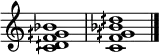 \relative c' {
\omit Staff.TimeSignature
\set Score.tempoHideNote = ##t
<c dih f gih bes>1 \bar "|" <c f gih bes dih>1 \bar "|."
}