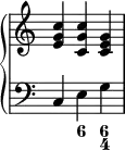 {
\override Score.TimeSignature #'stencil = ##f
\new PianoStaff <<
\new Staff <<
\relative c' {
\clef treble \time 3/4
<e g c>4 <c g' c> <c e g>
}
>>
\new Staff <<
\relative c {
\clef bass \time 3/4
c4 e g
}
\figures {
< _ >4 <6> <6 4>
}
>>
>> }