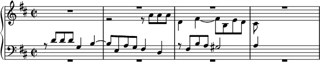 \language "english"
{
<<
\new PianoStaff <<
\new Staff = "RH" \relative c'' {\key d \major \time 2/2 R1 | << {R1} \\ {r2 r8 a a a} >> | << {R1} \\ {d,4 fs~ fs8 b, e d} >> | << {R1} \\ {cs8} >> }
\new Staff = "LH" \relative c {\key d \major \clef bass \time 2/2 << {r8 d' d d g,4 b~} \\ {R1} >> | << {b8 e, a g fs4 d} \\ {R1} >> | << {r8 fs b a gs2} \\ {R1} >> | << {a4} \\ {R1} >>}
>>
>>
}