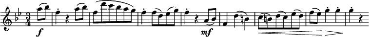 \relative a'' {
\key bes \major \time 3/4
\partial 4 a8( \f bes) | f4-. r a8( bes)
f8( d' c bes a g) | f4-. f8( d) es( g) | f4-. r a,8( \mf bes)
f4 d'( b) | c8( \< b) d( c) es( d)
f8( es) \! \once \override Hairpin.extra-offset = #'( 0 . -0.8) g4-.\> g-. |g4-. \! r
}