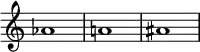 {
\override Score.TimeSignature
#'stencil = ##f
\relative c'' {
\time 4/4
aes1 a! ais
} }