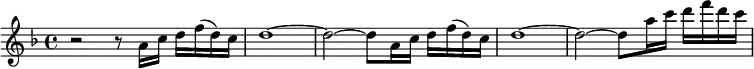 \relative a' {
\key f \major
\time 4/4
r2 r8 a16 c16 d16 f16 (d16) c16 d1~ d2~ d8
a16 c16 d16 f16 (d16) c16 d1~ d2~ d8
a' 16 c16 d16 f16 d16 c16
}
