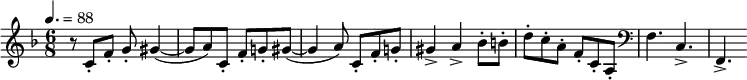 \relative c' { \set Staff.midiInstrument = #"french horn" \clef treble \key f \major \tempo 4.=88 \time 6/8 r8 c-. f-. g-. gis4~( | gis8 a) c,-. f-. g!-. gis~( | gis4 a8) c,-. f-. g!-. | gis4-> a-> bes8-. b-. | d-. c-. a-. f-. c-. a-. | \clef bass f4. c-> | f,-> }