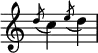 {
{
\override Score.TimeSignature #'stencil = ##f
\relative c'' {
\time 2/4
\slashedGrace { d8( } c4)
\slashedGrace { e8( } d4)
}
} }