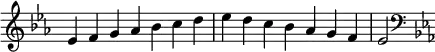 {
\omit Score.TimeSignature \relative c' {
\key es \major \time 7/4 es f g aes bes c d es d c bes aes g f es2
\clef F \key es \major
} }