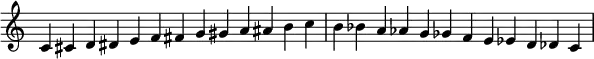 {
\new Staff \with { \remove "Time_signature_engraver" }
\relative c' { \time 13/4
c cis d dis e f fis g gis a ais b c b bes a aes g ges f e es d des c \bar "|" }
}
