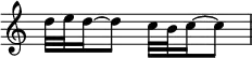 {
\override Score.TimeSignature
#'stencil = ##f
\relative c'' {
\time 2/4
d32 e d16~ d8 c32 b c16~ c8
}
}