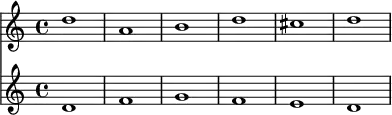 \relative c'' {
<<
\new Staff { \clef "treble" d1 a b d cis d }
\new Staff { \clef "treble" d,1 f g f e d }
>>
}