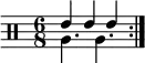 \new DrumStaff <<
\new voice \drummode {
\set Score.tempoHideNote = ##t \tempo 4 = 120
\time 6/8
\stemUp \repeat volta 2 { tommh4 tommh tommh }
}
\new voice \drummode {
\stemDown \repeat volta 2 { tomfh4. tomfh }
}
>>