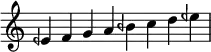 \relative c' {
\time 8/4 \omit Staff.TimeSignature
eeh f g a beh c d eeh \bar "|"
}