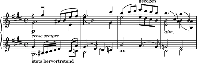 { \new PianoStaff <<
\new Staff <<
\set Staff.midiInstrument = #"string ensemble 1" \set Score.tempoHideNote = ##t \new Voice \tempo 4 = 45 \relative gis'' {
\clef "treble" \key e \major \stemUp \time 4/4 | % 1
r4 gis4 \downbow ais,8 ^( b8 e8
fis8 ) | % 2
gis2. cis4 | % 3
b4 ^( cis8 dis8 ) e8 ^"gezogen" dis8 cis8 b8 | % 4
b4. _\markup{ \italic {dim.} } ^( cis,8 ) a'4 ^( b,4 ) }
\new Voice \relative gis' {
\key e \major \stemDown \time 4/4 | % 1
gis2. \p _\markup{ \italic {cresc.sempre} } e4 | % 2
e'4 _( b2 ) gis4 | % 3
e'2 e8 dis8 cis8 b8 | % 4
<e, b'>2 <a b>4 _( <b, a'>4) } >>
\new Staff <<
\set Staff.midiInstrument = #"string ensemble 1" \new Voice \relative gis {
\clef "treble" \key e \major \stemDown \time 4/4 gis2. _"stets hervortretend"
cis8 c8 | % 2
b2 e2 | % 3
cis1 | % 4
cis2 dis2 }
\new Voice \relative gis' {
\key e \major \stemUp \time 4/4 gis4
ais,16 ^( b16 cis16 dis16 ) e4 cis8 ^( a'8 ) | % 2
gis4. ^( e8 ) dis4 ^( d4 ) | % 3
b'2 a4. ^( gis8 ) | % 4
g2 fis2 } >>
>> }