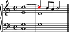 \new PianoStaff <<
\new Staff <<
\new Voice \relative c'' {
\stemUp \clef treble \key c \major \time 4/4
c1^~ \once \override NoteHead.color = #red c4 b8 a b2
}
\new Voice \relative c' {
\stemDown e1 d
}
>>
\new Staff <<
\new Voice \relative c' {
\clef bass \key c \major \time 4/4
\stemUp g1 s
}
\new Voice \relative c {
\clef bass \key c \major \time 4/4
\stemDown c1 g' \bar "||"
}
>>
>>