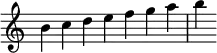 {
\override Score.TimeSignature #'stencil = ##f
\relative c'' {
\clef treble
\time 7/4 b4c d e f g a b
} }