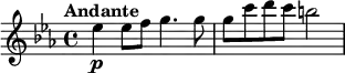 \relative c'' {
\tempo "Andante"
\tempo 4 = 60
\override TupletBracket #'stencil = ##f
\override Score.BarNumber #'stencil = ##f
\key es \major
es4\p es8 f g4.g8 |
g8 c d c b2 |
}
