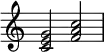 {
\override Score.TimeSignature #'stencil = ##f
\relative c' {
\clef treble \time 4/4
<c e g>2 <f a c>
} }