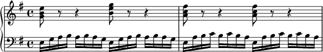 \new PianoStaff <<
\new Staff {
\time 4/4
\clef treble
\key e \minor
\chordmode {
g8:3.6 r r4 e'8:m/b r r4 |
\repeat unfold 2 { a8:3-.6 r r4 } |
}
}
\new Staff {
\clef bass
\key e \minor
\relative c {
\repeat unfold 2 { e16 g a b a b a g } |
\repeat unfold 2 { e a b c b c b a } |
}
}
>>