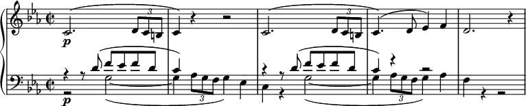 { \new PianoStaff <<
\new Staff { \set Staff.midiInstrument = #"piano"
\new Voice { \set Score.tempoHideNote = ##t \tempo 2 = 40 \relative c' {
\clef "treble" \key es \major \stemUp \time 2/2 | % 1
c2. \p ^( \once \override TupletBracket #'stencil = ##f
\times 2/3 {
d8 c8 b8
}
| % 2
c4 ) r4 r2 | % 3
c2. ^( \once \override TupletBracket #'stencil = ##f
\times 2/3 {
d8 c8 b8
}
| % 4
c4. ) ^( d8 es4 ) f4 | % 5
d2. r4 } } }
\new Staff { <<
\new Voice { \set Staff.midiInstrument = #"piano" \relative d' {
\voiceOne \clef "bass" \key es \major \stemUp \time 2/2
r4 r8 d8 ^( f8 es8 f8 d8 | % 2
c4 ) s4 s2 | % 3
r4 r8 d8 ^( f8 es8 f8 d8 | % 4
c4 ) r4 r2 s1 } }
\new Voice { \relative g {
\voiceTwo \clef "bass" \key es \major \stemDown \time 2/2
r2 \p g2 _( _~ | % 2
g4 \once \override TupletBracket #'stencil = ##f
\times 2/3 {
as8 g8 f8
}
g4 ) es4 | % 3
c4 r4 g'2 _( _~ | % 4
g4 \once \override TupletBracket #'stencil = ##f
\times 2/3 {
as8 g8 f8
}
g4 ) as4 | % 5
f4 r4 r2 } }
>> }
>> }