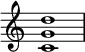 {
\override Score.TimeSignature #'stencil = ##f
\relative c' {
\clef treble \time 4/4 <c g' d'>1
} }