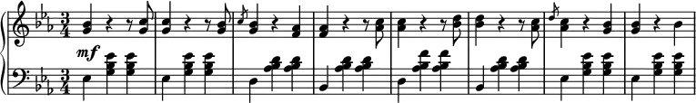 \relative b' {
\new PianoStaff <<
\new Staff { \key c \minor \time 3/4 \set Score.tempoHideNote = ##t \tempo 4 = 120
<<
{
<g bes>4 r4 r8 <g c>8 <g c>4 r4 r8 <g bes>8 \slashedGrace c8 <g bes>4 r4 <f aes>4 <f aes>4 r4 r8 <aes c>8 <aes c>4 r4 r8 <bes d>8 <bes d>4 r4 r8 <aes c>8 \slashedGrace d8 <aes c>4 r <g bes>4 <g bes>4 r4 bes4
}
>>
}
\new Dynamics {
s\mf
}
\new Staff { \key c \minor \time 3/4 \clef bass
ees,, <g bes ees> <g bes ees> ees <g bes ees> <g bes ees> d <aes' bes d> <aes bes d> bes, <aes' bes d> <aes bes d> d, <aes' bes f'> <aes bes f'> bes, <aes' bes d> <aes bes d> ees <g bes ees> <g bes ees> ees <g bes ees> <g bes ees>
}
>>
}