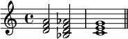 {
\relative c' {
\clef treble
\time 4/4
<d f a>2 <bes d f aes> <c e g>1 \bar "||"
} }