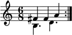 \new Staff <<
\clef treble
\time 6/8
\new Voice \relative c' {
\stemUp \repeat volta 2 { fis4 fis a }
}
\new Voice {
\stemDown \repeat volta 2 { b4. d' }
}
>>